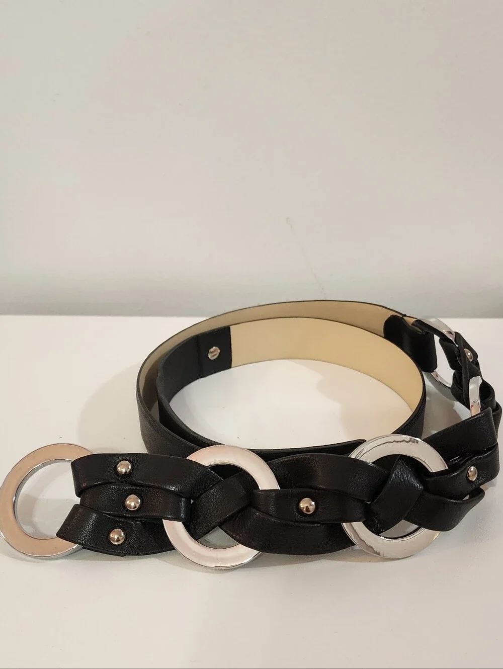 Worth Black Interwoven Leather Belt with Silver Rings